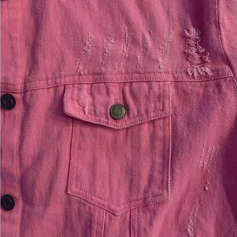 Womens Pink Denim Jacket Distressed Cropped Button Front Size L - Picture 9 of 9